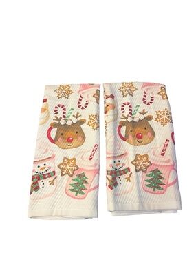 Holiday Reindeer & Snowman Kitchen Towels - Pink, Green & Gold